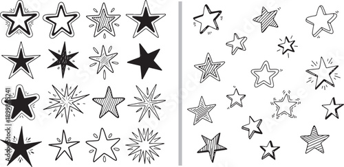 A dual-panel vector set of hand-drawn stars. The left shows black icons with solid, dotted, and outlined textures; the right features matching red stars in various artistic styles.