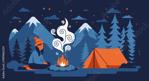 Camping in the Mountains at Night with a Campfire