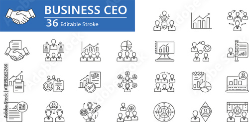 Business CEO Line Icon Set Featuring Leadership Strategy, Executive Management, Corporate Decision Making, Growth Analytics, Team Organization, and Editable Stroke Business Concepts