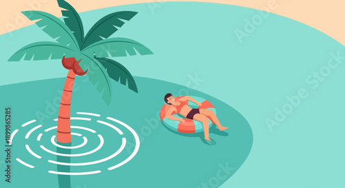 Couple relaxing on inflatable raft near palm tree in ocean