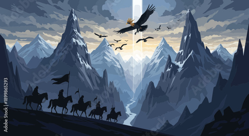 Eagles Soaring Over Mountainous Landscape With Travelers