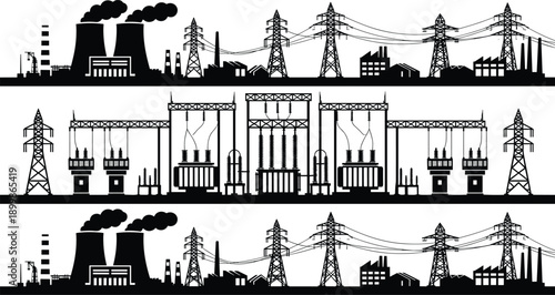 Electric power generation and transmission panorama with power plants substations high voltage towers electricity grid infrastructure industrial energy silhouette vector illustration