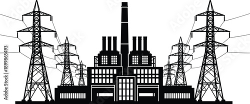Electric power plant with high voltage transmission towers silhouette showing electricity generation and distribution industrial energy infrastructure concept black vector illustration