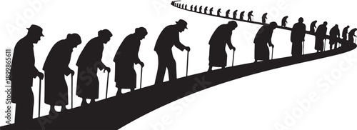 Elderly people walking in a line with canes slowly