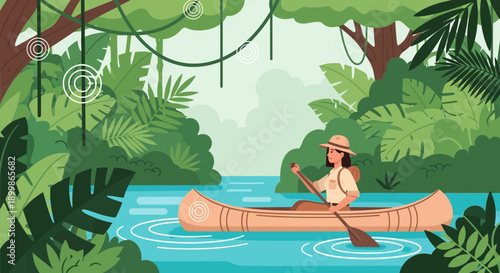 Man Paddling Canoe Through Lush Jungle River Scene