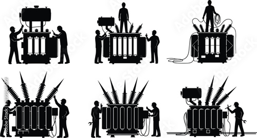 Electrical transformer maintenance silhouettes with technicians engineers working on high voltage equipment power distribution industry safety concept isolated black vector illustration