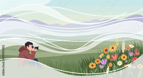 Man Taking Photo of Colorful Wildflowers in Green Landscape