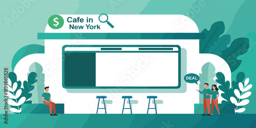 Cafe Business Deal and Location Search Illustration with Restaurant Interface, Local Coffee Shop Discovery, Partnership Agreement, and Small Business Startup Concept