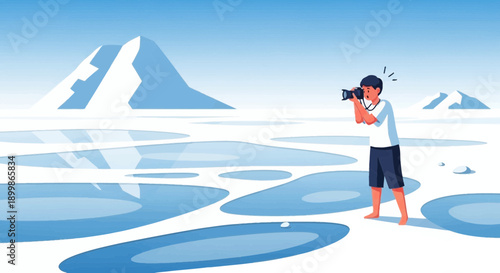 Man taking photo on icy landscape with melting glacier
