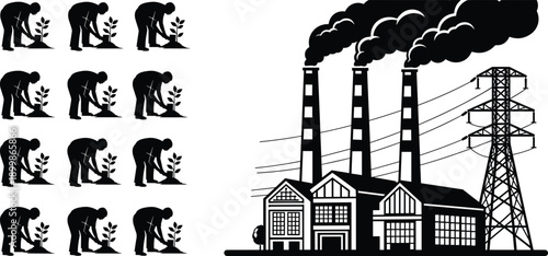 Environmental conservation and industrial pollution contrast illustration showing tree planting people versus factory power plant emissions sustainability climate change concept black