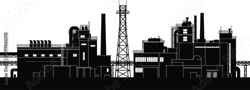 Industrial factory complex silhouette with refinery buildings towers chimneys heavy industry manufacturing infrastructure energy production concept isolated black vector illustration