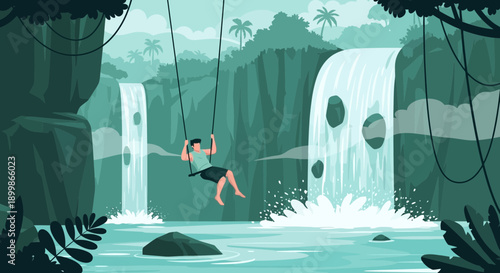 Man ziplining over tropical waterfall in jungle paradise