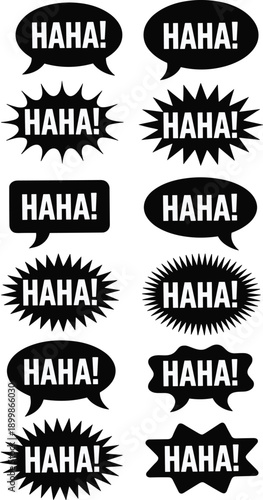Comic speech bubble collection with haha text, cartoon laughter expressions, pop art stickers, funny dialog balloons set for comics, memes, social media design