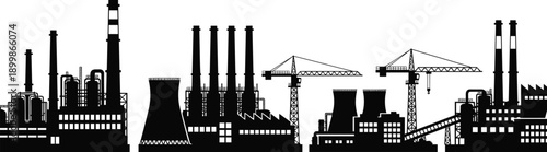 Industrial factory skyline silhouette with power plants chimneys cranes heavy industry manufacturing infrastructure concept isolated black vector illustration on white background