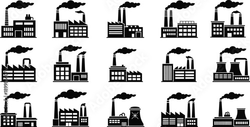 Industrial factory icons set with smoking chimneys power plants manufacturing buildings pollution concept flat black silhouette collection isolated on white background vector illustration industry