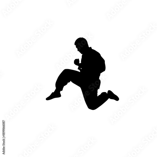 Silhouette of a Martial Artist in Mid-Air Jump Kick.
