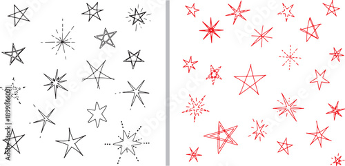 A massive vector megaset of hand-drawn stars and bursts in black, green, yellow, orange, and red, featuring cute characters, sketchy textures, solid fills, and whimsical celestial doodles.