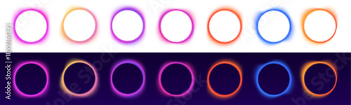 Circular gradient blobs float with neon blur and soft noise textures. Bright colors merge into abstract glowing forms. Creative digital illustration PNG.