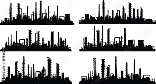 Industrial refinery skyline silhouettes set with oil gas chemical plants chimneys towers heavy industry manufacturing infrastructure black vector illustration isolated