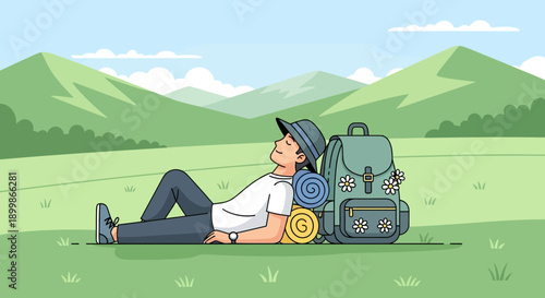 Relaxed hiker resting in a serene natural landscape