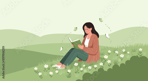 relaxed young woman reading book in green field flowers