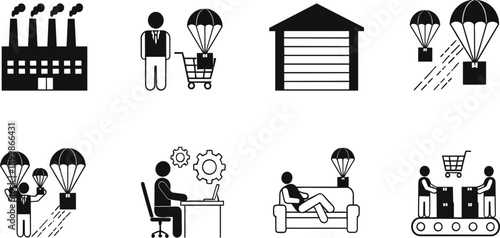 Manufacturing and Supply Chain Workflow Icon Set with Factory Production, Warehousing, Order Processing, Distribution, and Delivery Process Symbols for Business Design