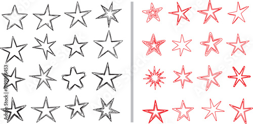 A massive vector megaset of hand-drawn stars and bursts in black, green, yellow, orange, and red, featuring cute characters, sketchy textures, solid fills, and whimsical celestial doodles.