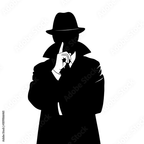 Silhouette of a Mysterious Man in a Trench Coat Gesturing Silence.