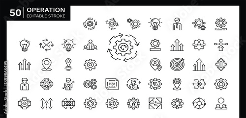 Operation and Process Line Icon Set Featuring Workflow Management, Automation, Optimization, Settings, Productivity, Business Operations, and System Control Concepts