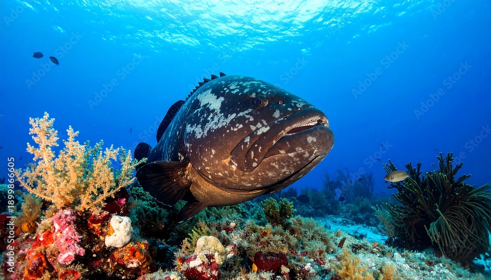 Obraz premium A large grouper swims through vibrant coral reef, captured underwater with an incredible close-up view. The fish looks directly at the camera