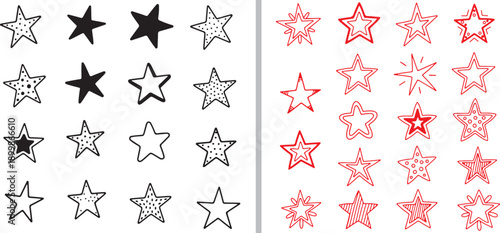 A dual-panel vector set of hand-drawn stars. The left shows black icons with solid, dotted, and outlined textures; the right features matching red stars in various artistic styles.