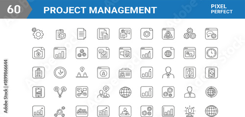 Project Management Line Icon Set with Planning, Scheduling, Team Collaboration, Workflow Control, Analytics, Documentation, and Productivity Tools for Business Applications