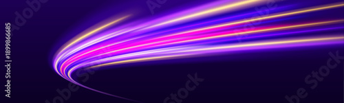 Bright neon arcs spiral into glowing tunnels over a dark cyber grid. Motion blur and radiant gradients convey high-speed energy. Futuristic abstract.