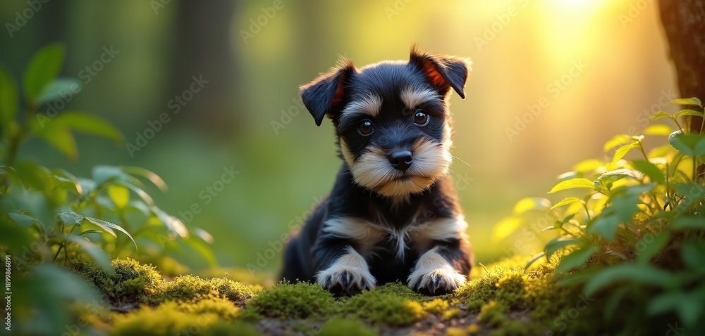 Obraz premium Cute schnauzer puppy rests on mossy ground in a sunlit forest. Small dog with dark fur and beard looks forward with attentive eyes. Green plants surround this adorable pet.