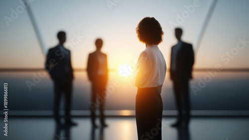 Confident businesswoman leader with her team of coworker in modern office meeting. powerful silhouette against sunset, showing strong leadership