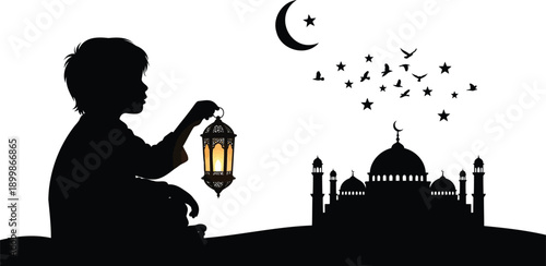 Happy Eid vector illustration with children and festive decorations