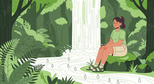 Serene woman sitting by a waterfall in a lush forest