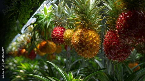 Wallpaper Mural Rows of developing pineapples in varying stages of ripeness hang from a structure, illuminated with light, among lush green foliage Torontodigital.ca