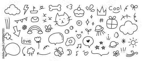 Cute doodle icons vector illustration with clouds, hearts, stars, speech bubbles, cat face, rainbow and gift symbols in black and white. Hand drawn elements for stickers, notebooks, posters and apps.