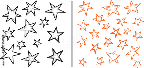 A dual-panel vector set featuring hand-drawn stars. The left panel shows black sketchy outlines with grey shading, while the right displays matching icons in a vibrant orange ink style.