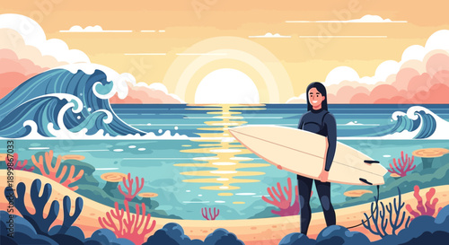 Surfer standing on the beach with a surfboard at sunset