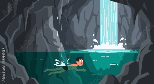 Swimmer exploring underwater cave with waterfall