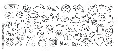 Cute doodle icons vector illustration with cats, bears, cupcakes, cookies, pizza, bandage, rainbows and speech bubbles in black and white. Hand drawn elements for stickers, planners and kids designs.