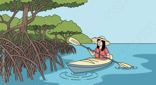 woman kayaking through mangrove forest on a sunny day