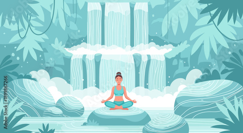 Woman meditating in serene natural environment with waterfall