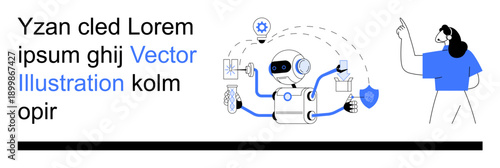 Technology, automation, human interaction, artificial intelligence, robotics, innovation. Robot with tools multitasking, human gesturing towards it. Technology and automation concept