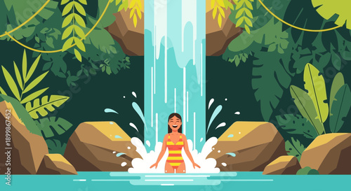 Woman Relaxing Under Tropical Waterfall in Lush Jungle