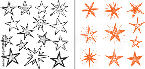 A dual-panel vector set featuring hand-drawn stars. The left panel shows black sketchy outlines and solid star shapes, while the right displays corresponding icons in a vibrant orange ink style.