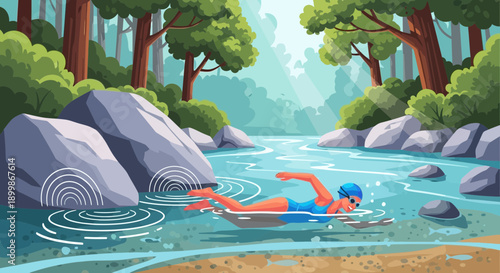 Woman swimming in a serene forest river on a sunny day