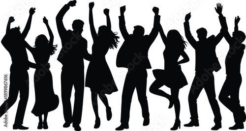 Silhouette group of happy people dancing together celebrating party, music, freedom, youth lifestyle, teamwork and nightlife concept isolated on white background with energy joy